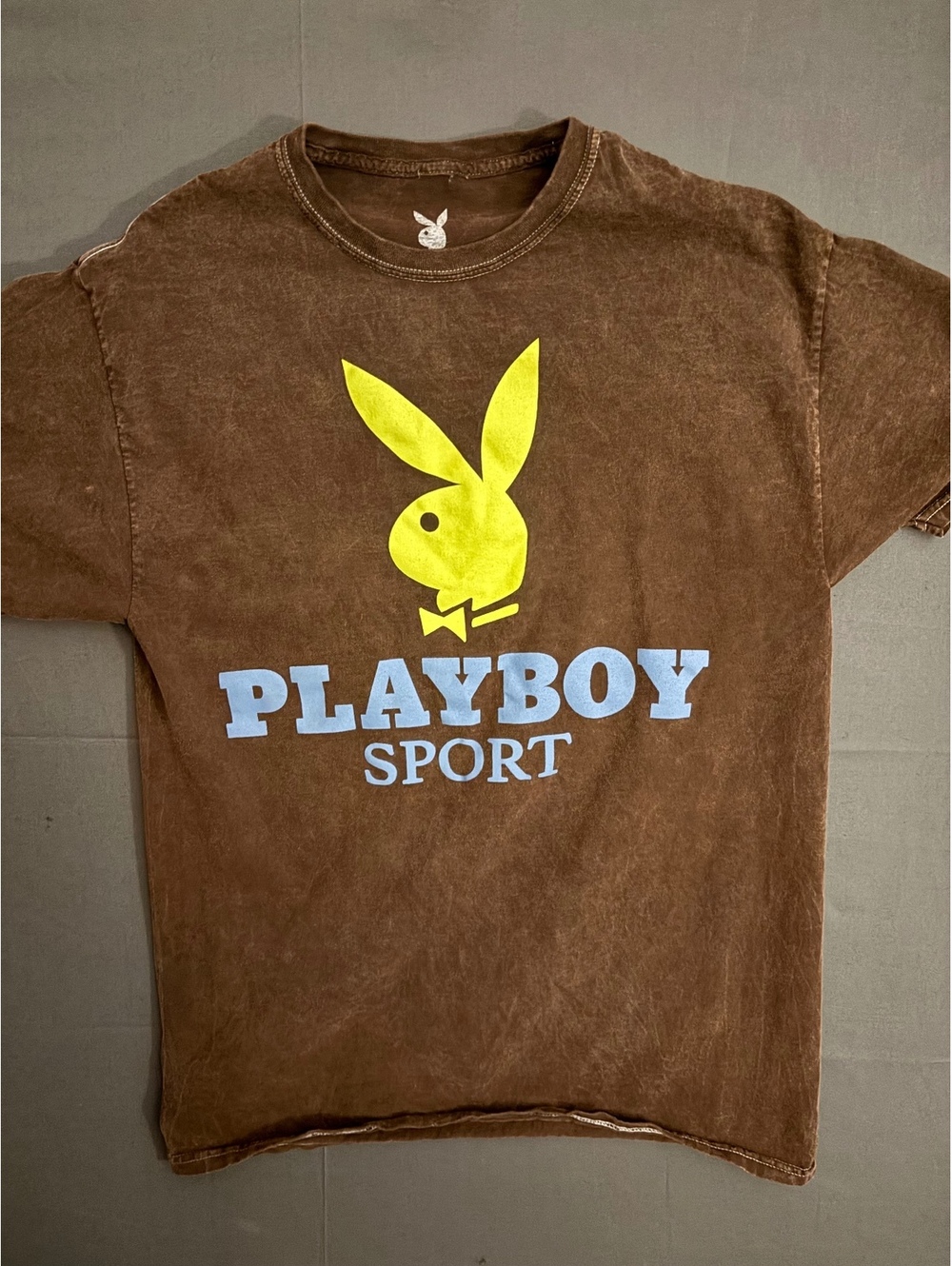 Playboy Sport Brown Mineral Wash Graphic T-Shirt Size Small Y2K Streetwear